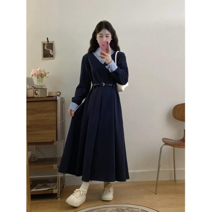 

Large size French striped fake two-piece long-sleeved dress for women s autumn pear-shaped body fat MM belly-covering and thin skirt 2XL