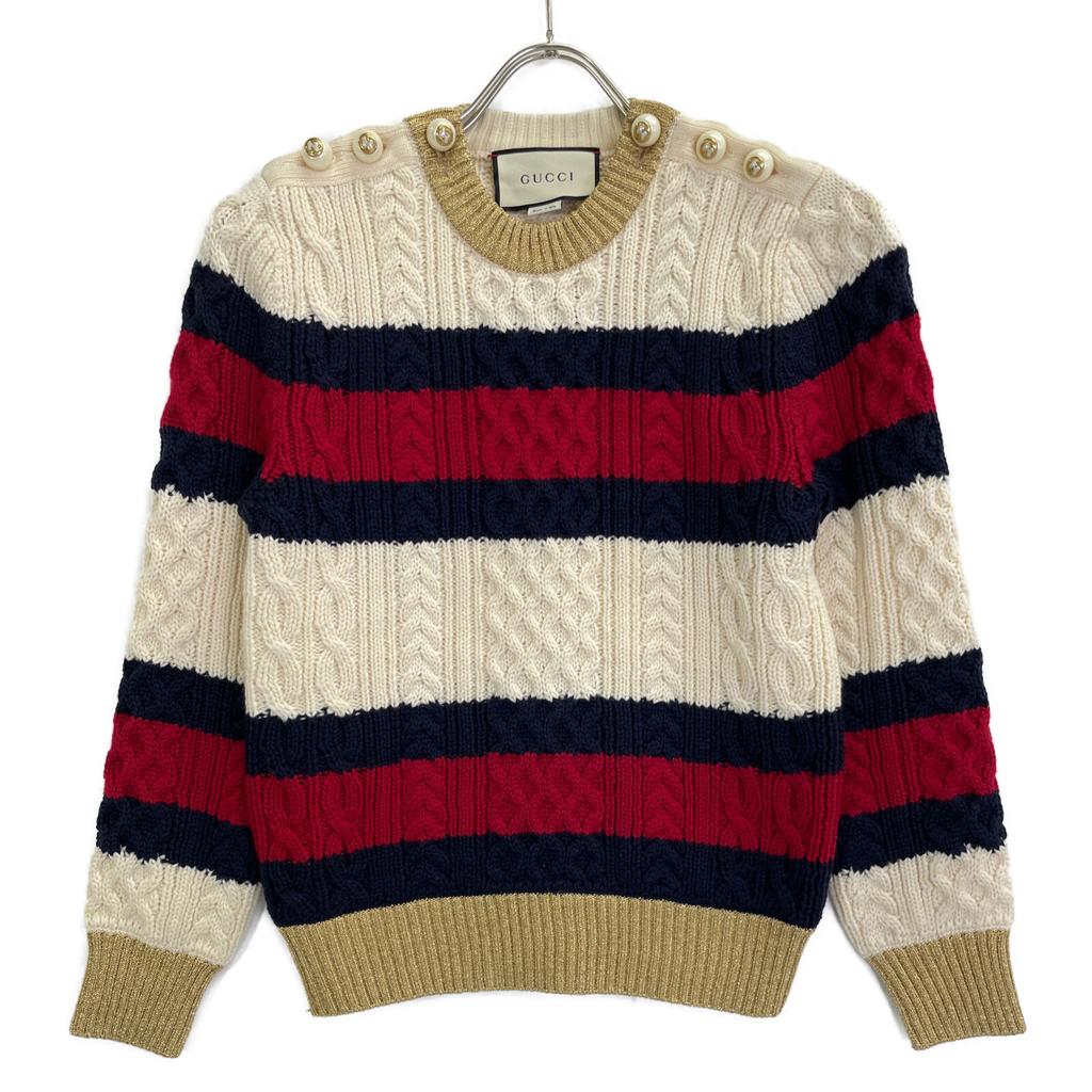 GUCCI 434363 X5D24 Multicolor Wool GG Pearl Button Stripe Knit Pullover tops M multicolorUsed