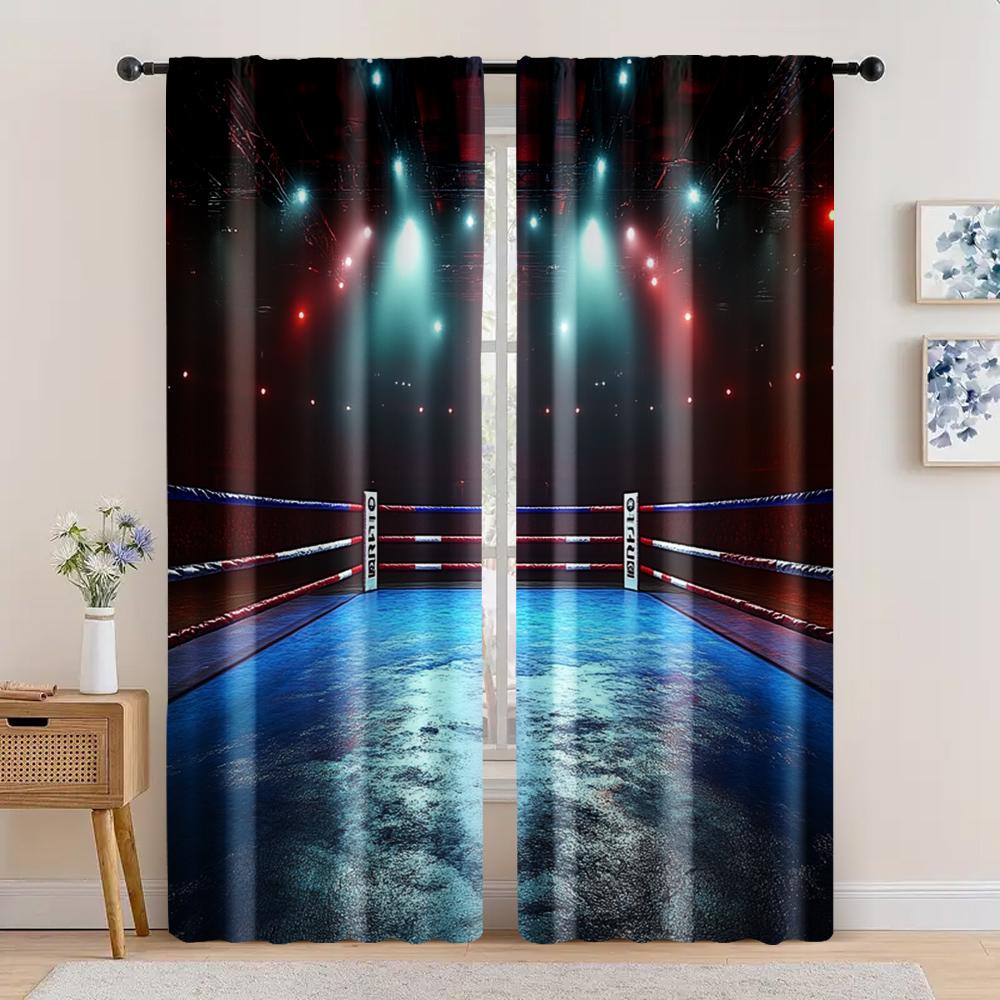

2 шт., Шторы с рисунком боксерского ринга, сценических огней арены, спортивных фотографий, Универсальный Прочный Полиэстер, Без электричества Праздничный 29x65in(75x166cm)
