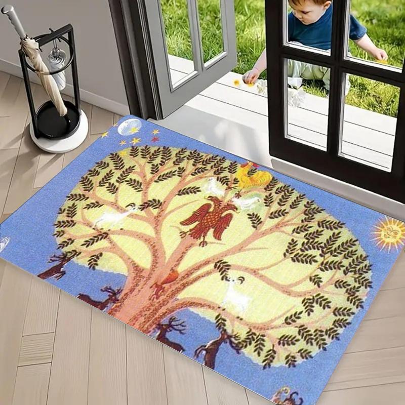 Whimsical Four Seasons Tree Print Doormat, Folk Art Floral Floor Mat for Entryway Bathroom, Rustic Boho Home Decor Carpet