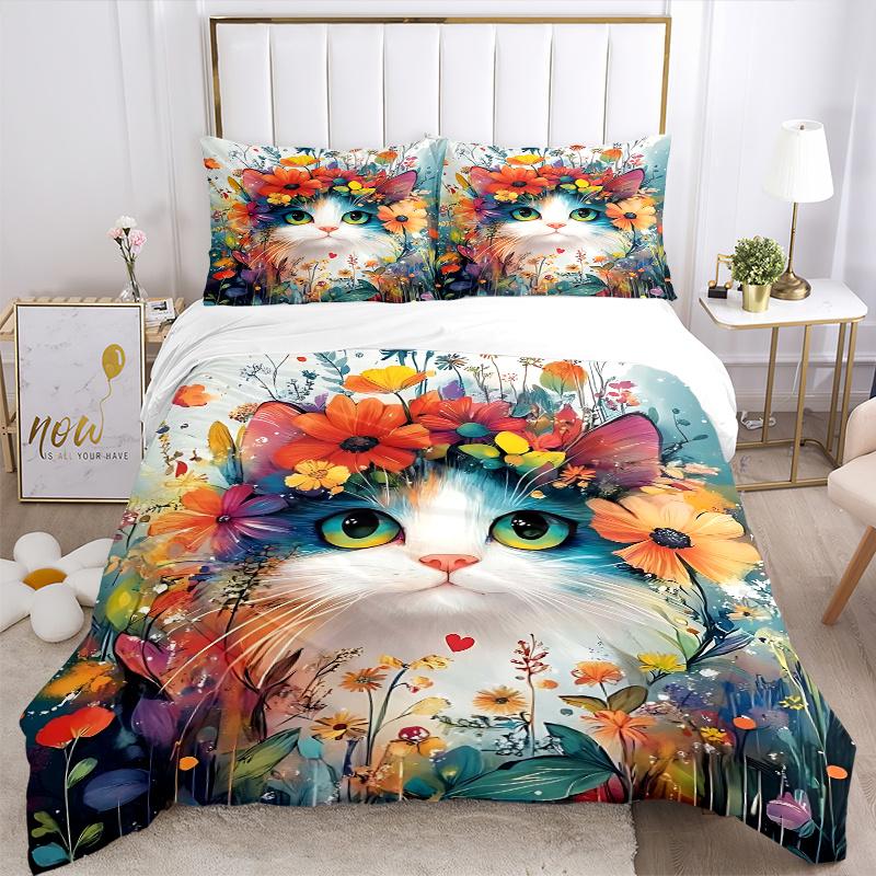 3pcs Cat Artwork Ideas Design Quilt Cover Set - Soft & Comfortable Polyester Fabric, All-Season Breathable Comforter Set For 1 Quilt Cover & 2 Pi
