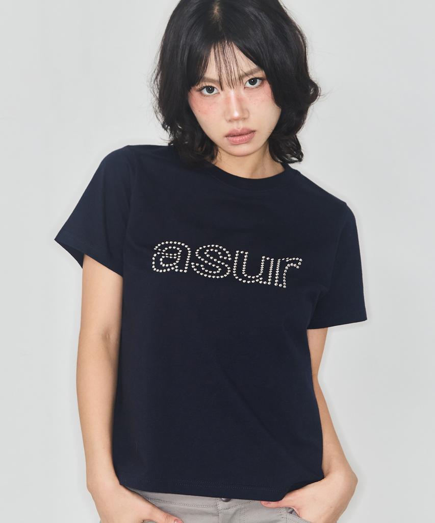Aejeuyua Au Hotfix Loose Crop T-Shirt Navy