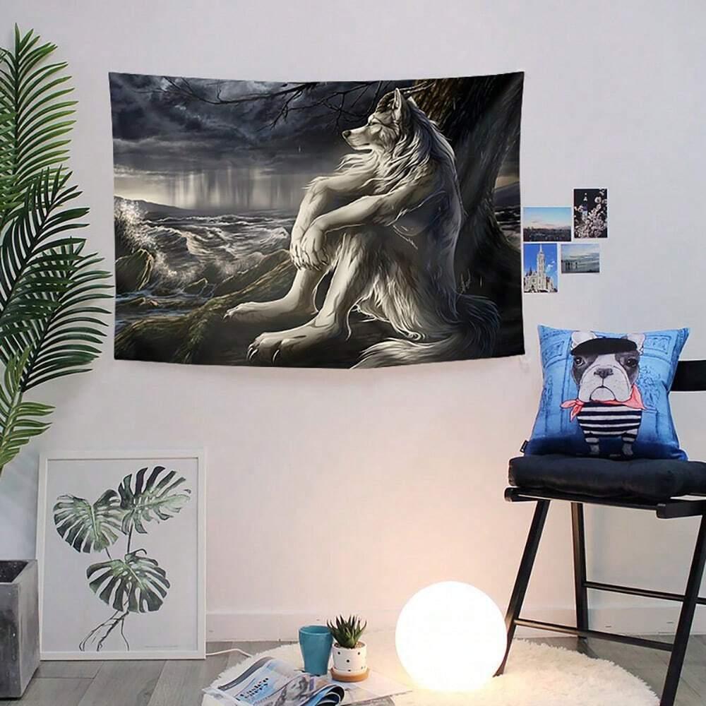 1 Stück Lustiges Alpha Sigma Beta Wolf Wandteppich Emo Weißer Wolf Traurig Sitzend Wandteppich Wandmalerei Kunst für Heimdekoration Geburtstag Absolvent