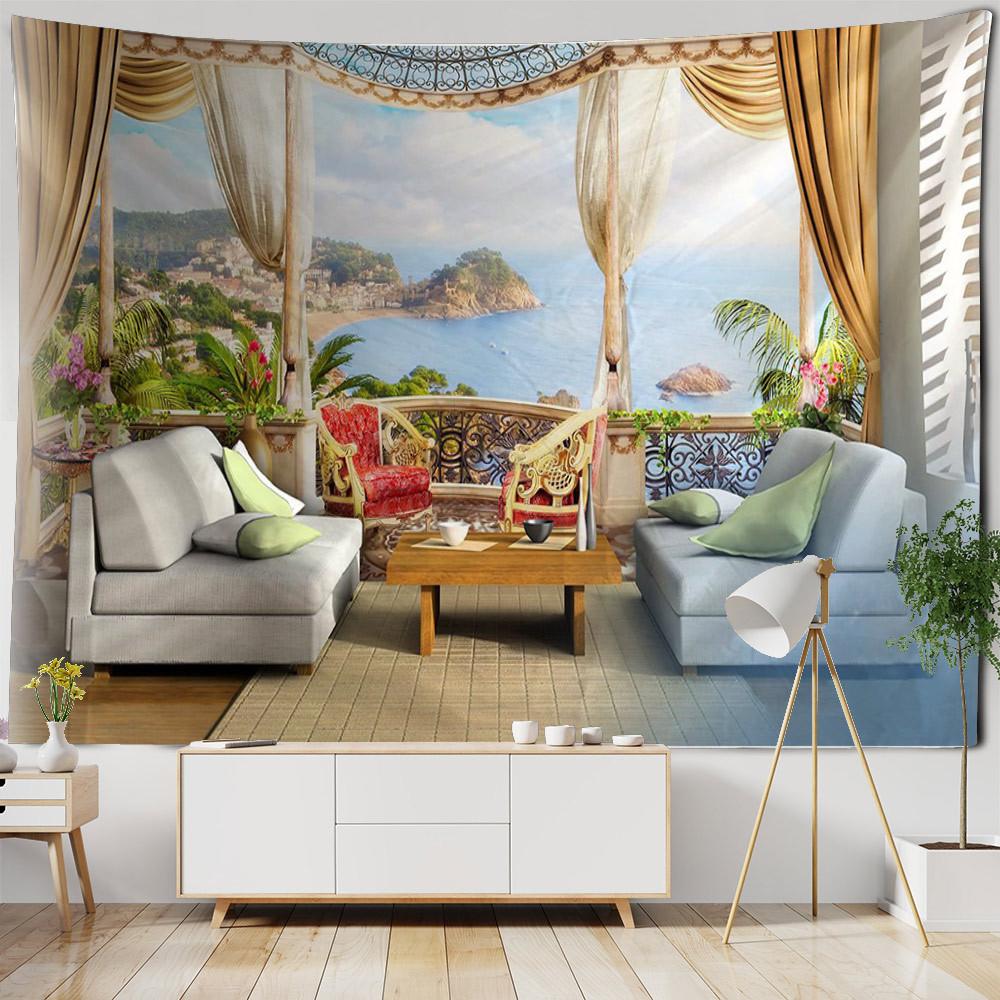 Spiaggia nordica Bellissimo paesaggio Arazzo decorativo Mare albero di cocco Appeso a parete Arazzo Art Déco Decorazioni per la casa