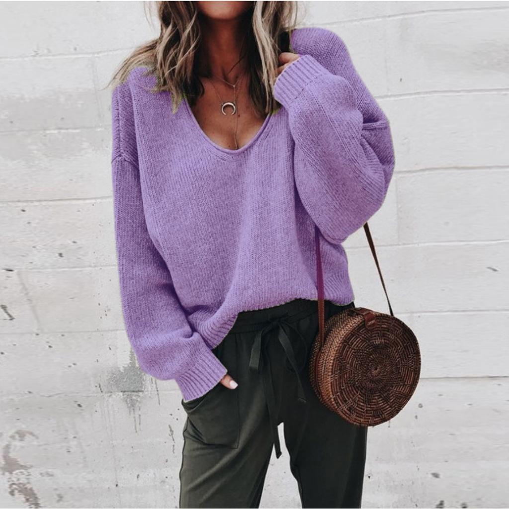 Ladies, Sweater, V-neck, Long Sleeved, Loose Fitting, Knitted Sweater, Base Coat, Top Coat