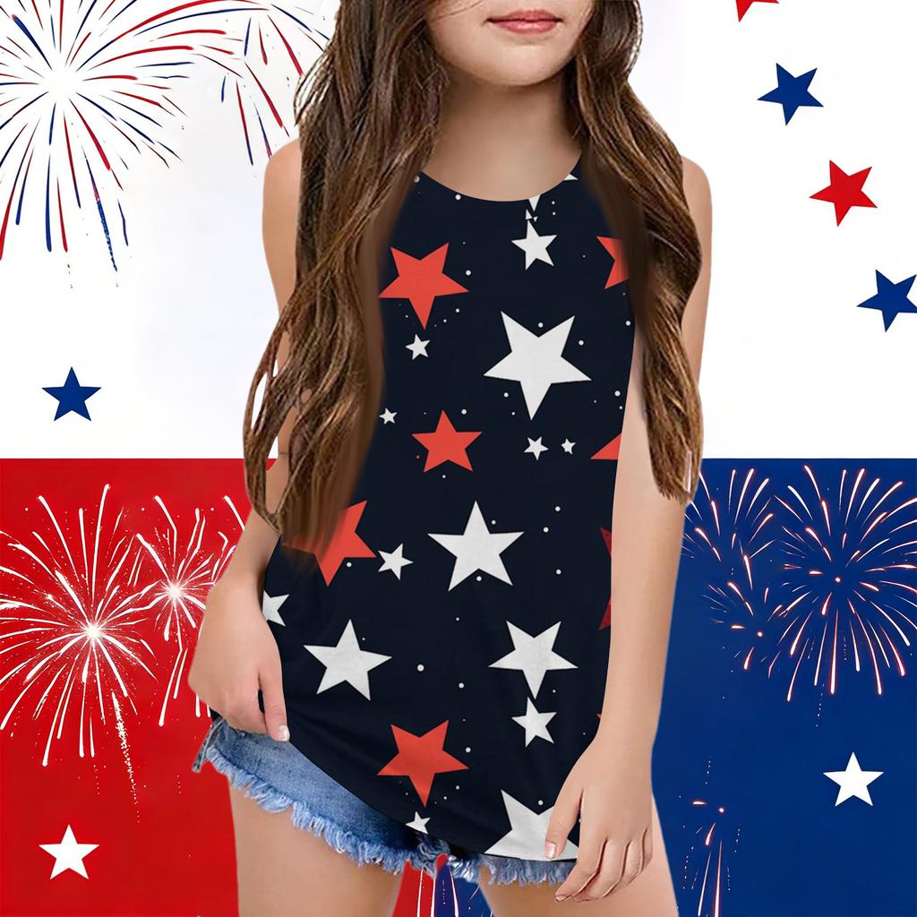 Girls  Kids Summer Crewneck Sleeveless Shirts Tank Tops Independence Day