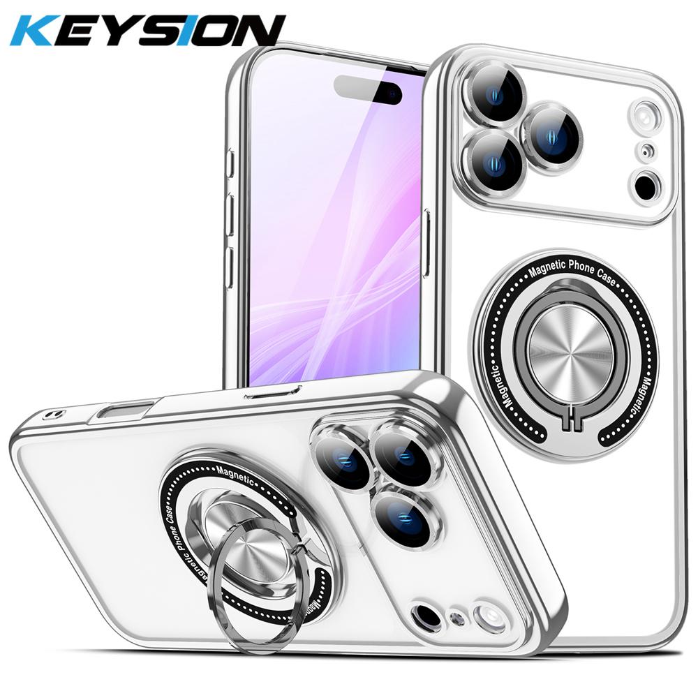 KEYSION Plating Transparent TPU Magnetic Case for MagSafe for iPhone 16 17 Pro Max 17 Air PC Ring Stand Lens Protect Phone Cover