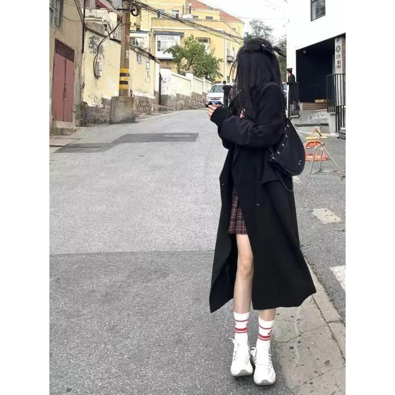 Long Black Temperament Coat Jacket Women Windbreaker Women's Mid Length Suit Women's High-end