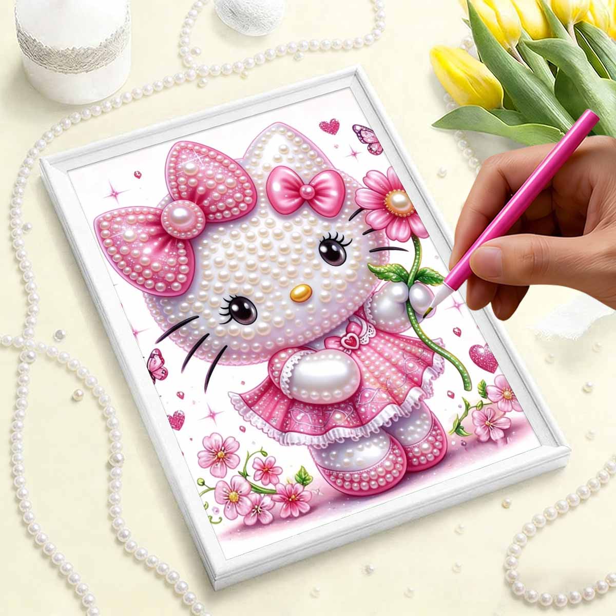 

Безрамочная картина из серии Hello Kitty с жемчужным эффектом | Сладкие акценты в виде бантика и цветочного сердца | Декор в стиле Sweet Art для современного дома и галереи 35x45cm