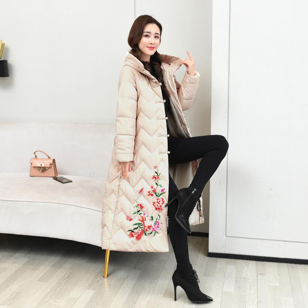 cotton-padded clothes for women's winter large size long ethnic style embroidered cotton-padded clothes thickened and loose knee-padded jackets