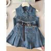 A Cute Two-Piece Set for Girls Featuring A Denim Vest and A Pleated Skirt  for Outdoor