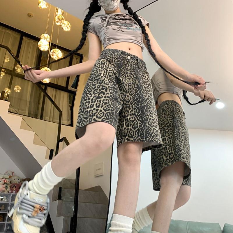 American Retro Five Quarter Denim Shorts with Women's Leopard Print Niche Design Sense Y2k High Waist Versatile Straight Leg Wide Leg Thin Version