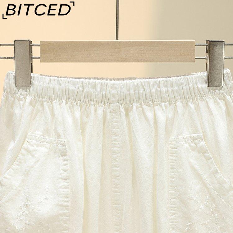 BITCED Summer Women Elastic Waist Straight Trousers Middle Age Older Women High Waist Straight Pants Washed Cotton Cropped Plus Size Pants