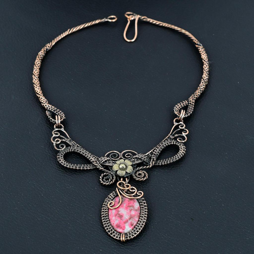 Pink Thulite Necklace Handmade Jewelry, 999 Copper Wire Wrapped Necklace Designer Gemstone Jewelry Adjustable Chain Necklace Gift For Mom
