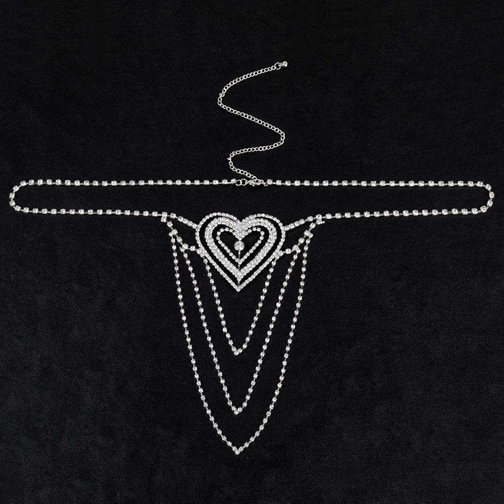 Hot Waist Rhinestone Heart Body Chain Panties for Women