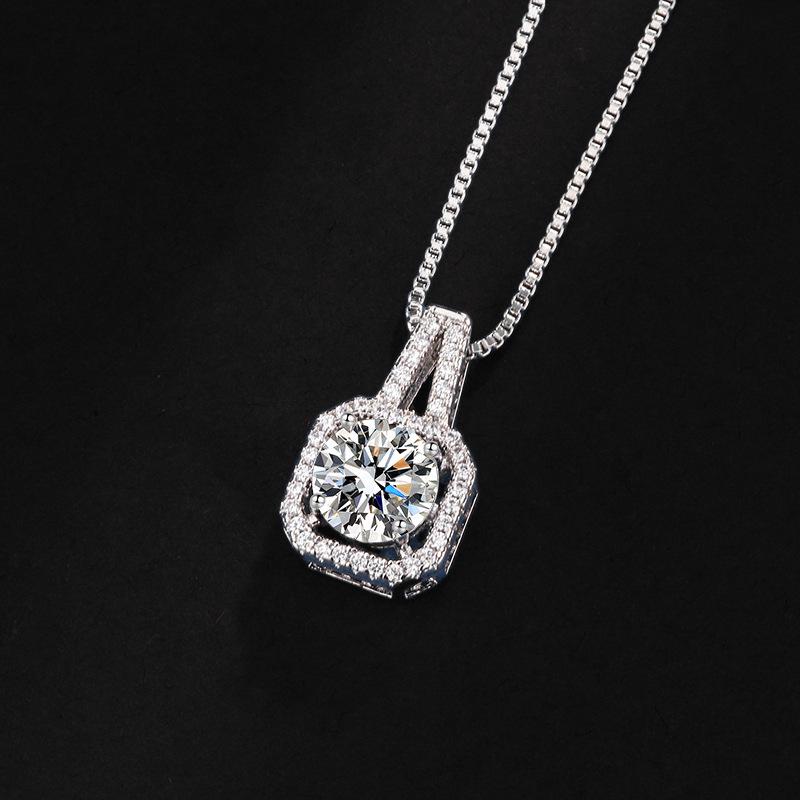 Moissanite Necklace & 1 Carat Stud Earrings Set: Square Bag Jewelry with Clavicle Chain & Ring for Women