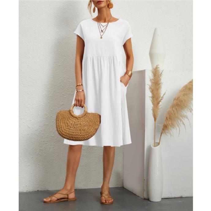 Women Vintage Solid Dress Summer Elegant O Neck Short Sleeve Cotton Linen Dresses Female Casual Loose Sundress Long Dress