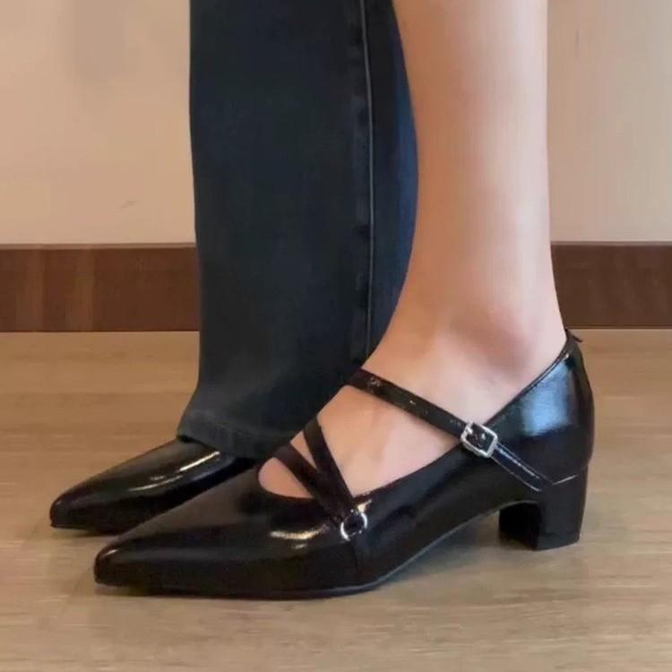 2025 Spring Autumn Women Double Buckle  Janes Shoes Patent Leather Dress Square Head Square Heel Solid Color  Shoes