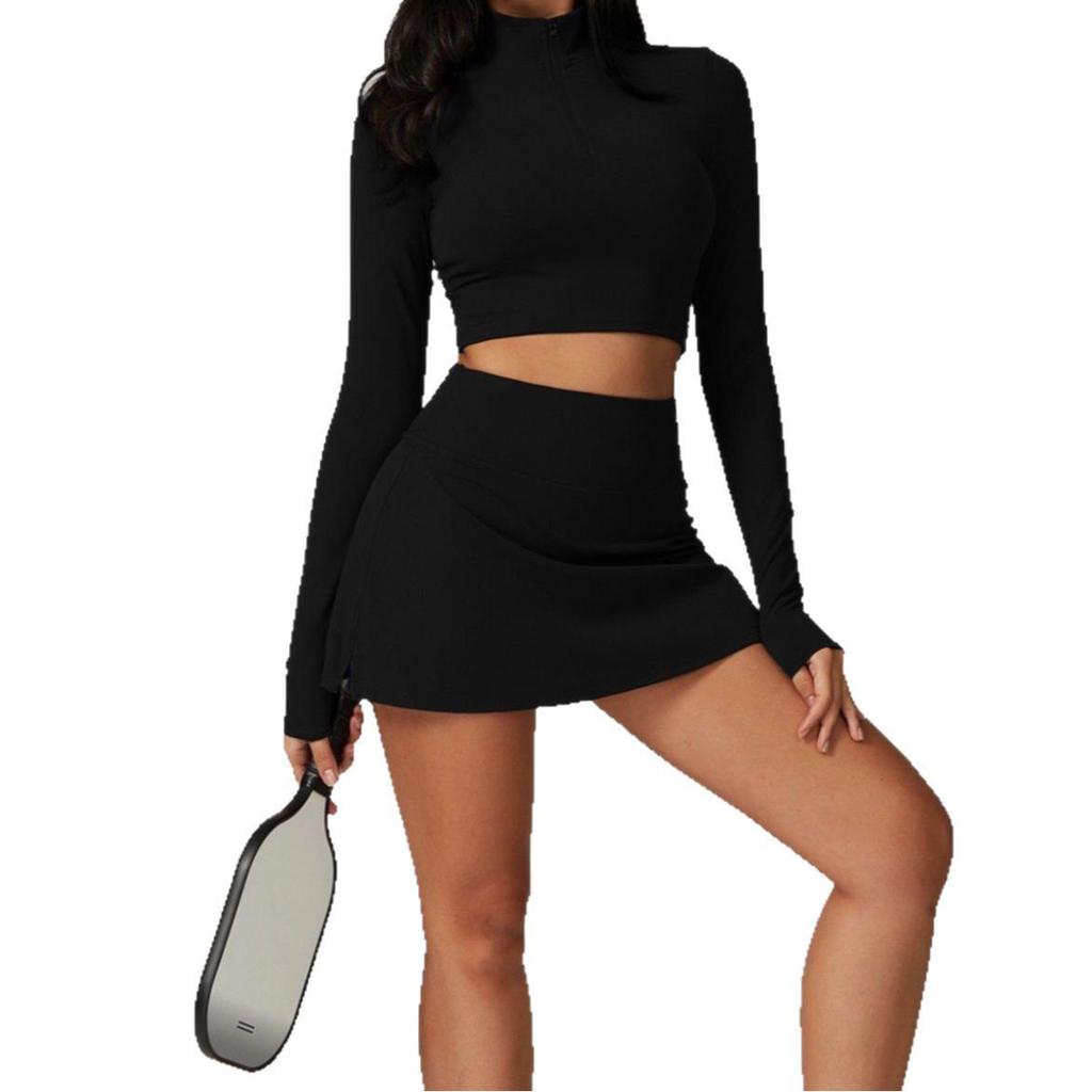 Damen High-Intensity Schnelltrocknender Yoga-Anzug: Oberteil mit Reißverschluss und langen Ärmeln & Laufrock