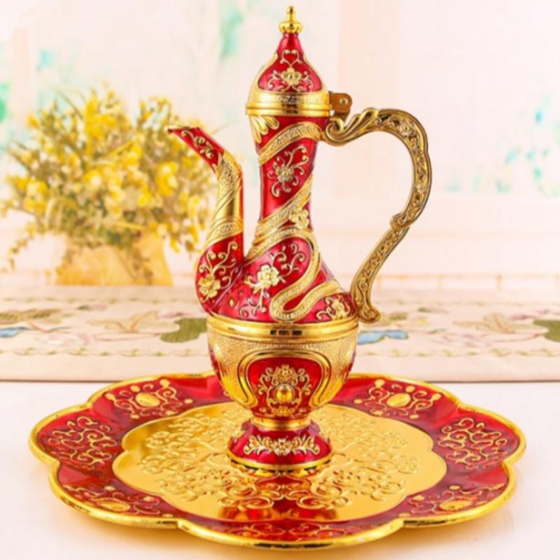 Evropská sada vína, Slitina Domácí vinný džbán Sada sklenic na víno, Zlatá Vintage sklenice na víno, Starý vinný džbán Domácí dekorace obývacího pokoje,1Sada