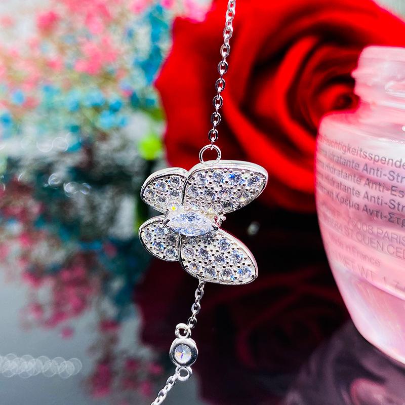 Full Paved Butterfly Pendant with Side Dangle Round Stone Women Thin Cable Chain Clavicle Necklace