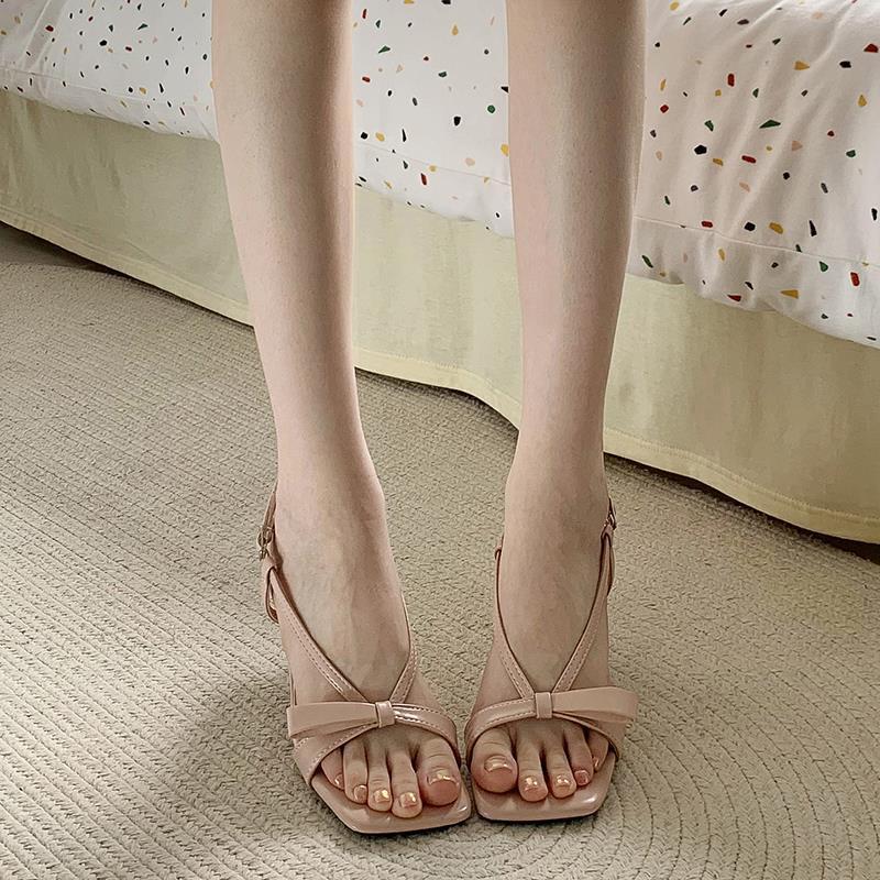 European princess style elegant square head thin heel sandals new summer wear high value bow versatile high heels