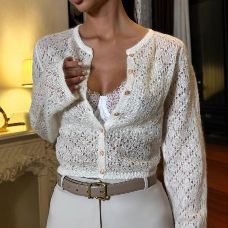 2026 Spring See Through Sweater Women Knit Cardigan Coats Sexy Hollow Out Single Breasted Cardigan Streetwear Y2K Knitted Tops