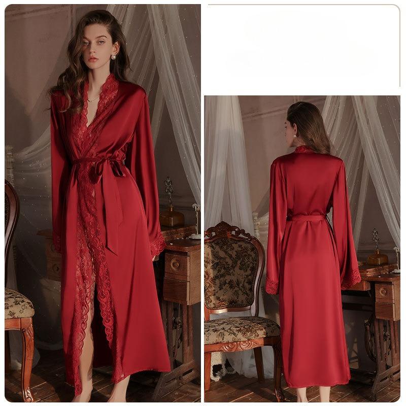 Women’s Silky Satin Lace Long Robe with Belt Plus Size Loungewear