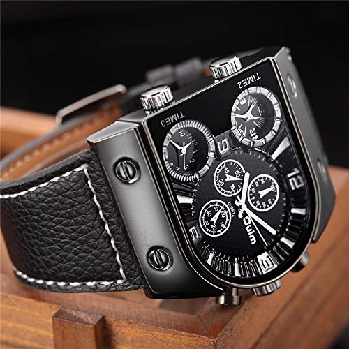 Men's Leather Band Analog Watch, Square Face, Leather Strap, Made In Japan, Black