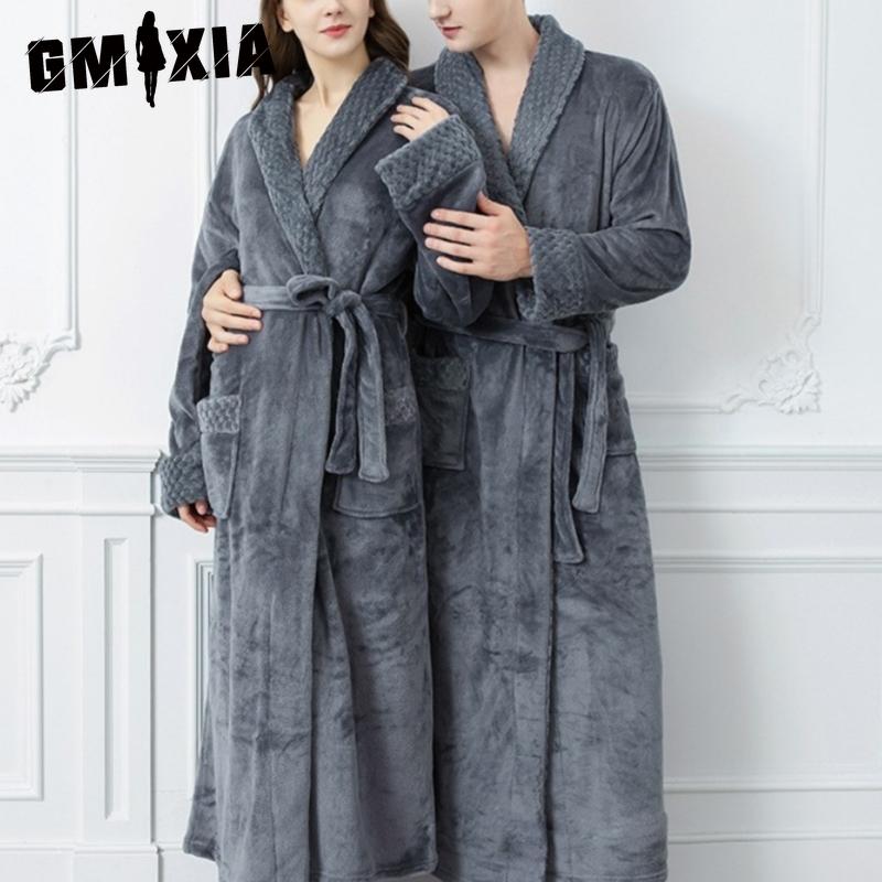 GMXIA Women's Autumn and Winter Long Coral Fleece Thickened Couple Bathrobes Flannel Men's Pajamas Winter Home Wear