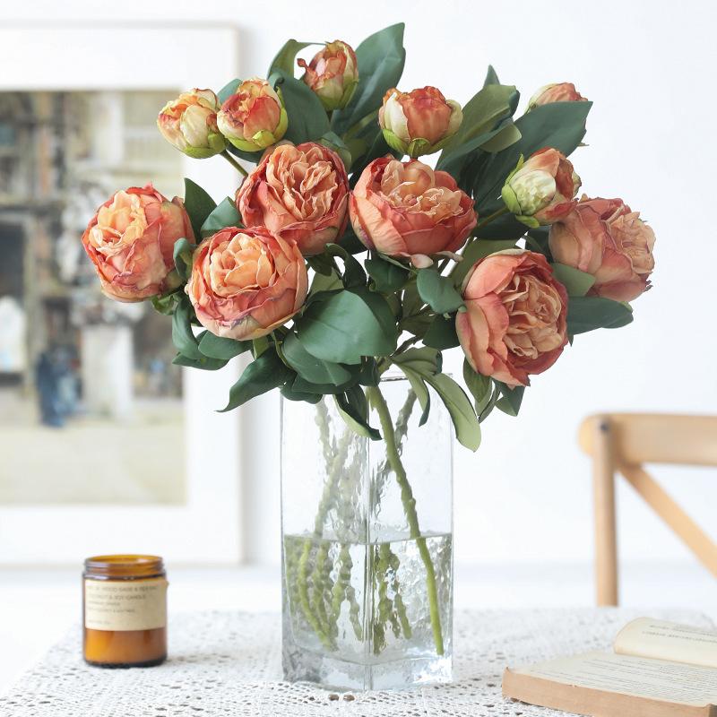 Retro home simulation 2 heads burnt edge peony peony fake flower