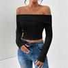 Ladies Spring Autumn Long Sleeve Boat Neck Solid Color Pleated Bodycon Pullover Casual T Shirt Top