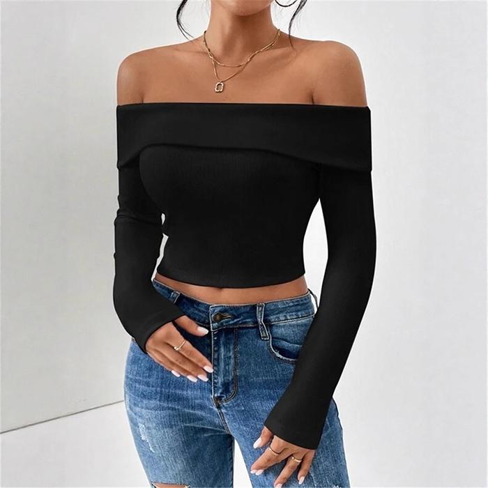Ladies Spring Autumn Long Sleeve Boat Neck Solid Color Pleated Bodycon Pullover Casual T Shirt Top
