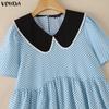 VONDA Summer Women Summer Laple Neck Splicing Polka Dot Short Sleeve Casual Blouse Tops