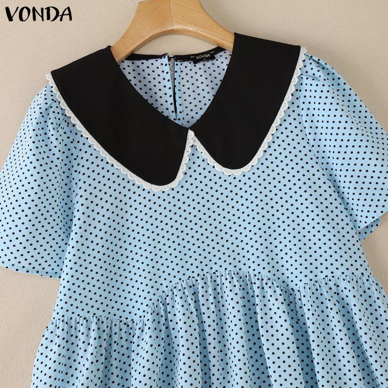 VONDA Summer Women Summer Laple Neck Splicing Polka Dot Short Sleeve Casual Blouse Tops