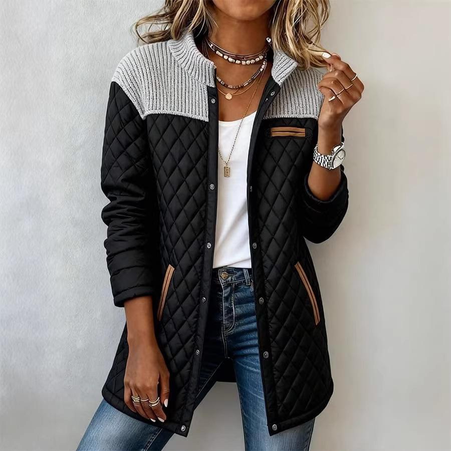 Women's Round Neck Long Sleeve Quilted Jacket Loose Fit Casual Patchwork Color Block Coat