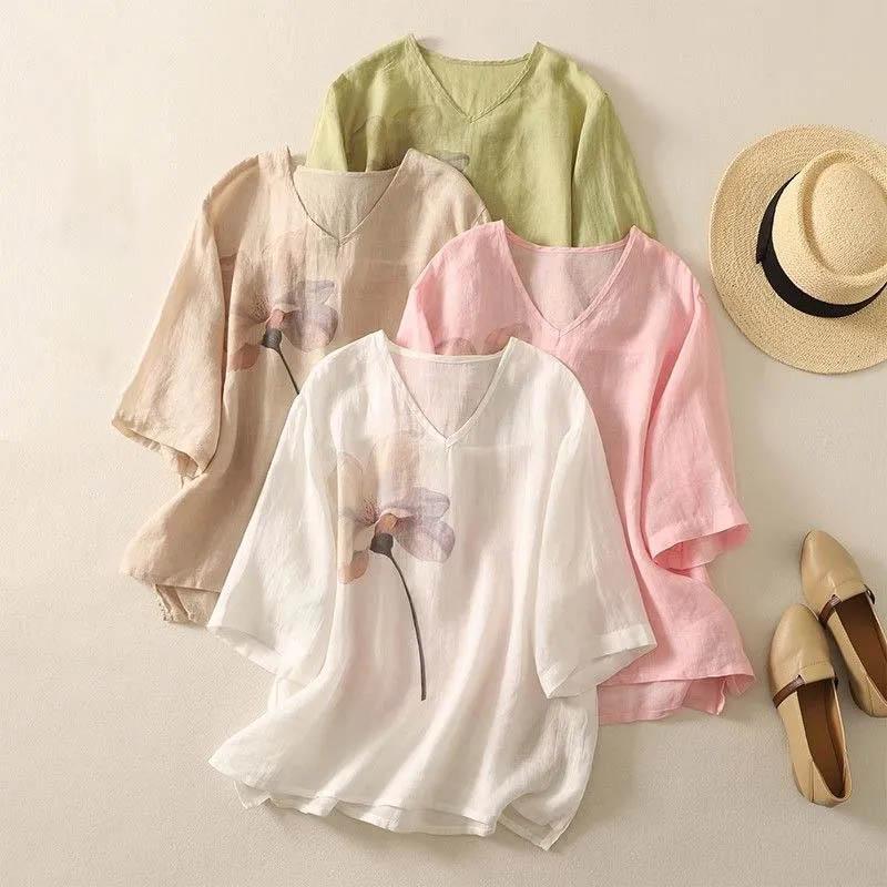 Cotton T-shirt Female Summer V-neck Loose Soft Casual Large Size Short-sleeved Blouse Top