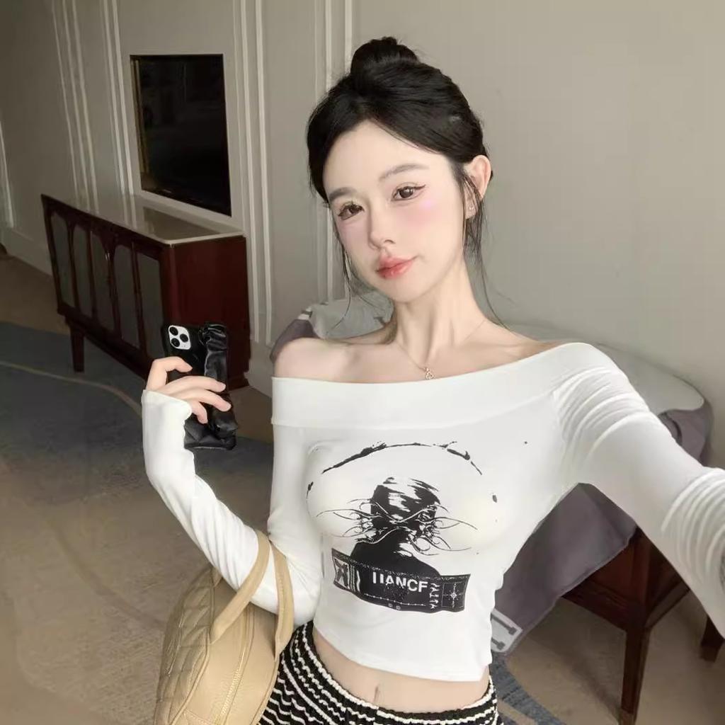 White American Spice Girl Printed Shoulder Slim Skinny Long Sleeve T-Shirt Women's Shoulder Skinny Bottom Short Top