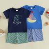 Toddler Infant Baby Boys Clothes Sets Sailboat Embroidery Short Sleeve Round Neck T-Shirt + Plaid Shorts Summer Outfits Clothing
