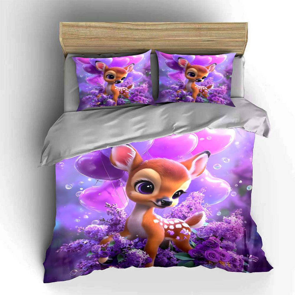 Adorable Fawn In Purple Blossoms Duvet Cover Set With 3D Printing Design Soft Polyester Bedding Set All-Season Comfort