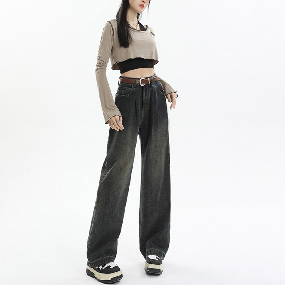 Autumn New American Retro Old Trendy Women's High Waist Loose Pleated Thin Straight Wide-leg Jeans