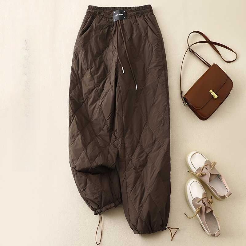 

Women s Winter New Diamond Lattice Embossed Cotton Pants Tie Elastic Waist Windproof Warm Long Wide Leg Trousers Literary Casual Pants 2XL темно-коричневого кольору