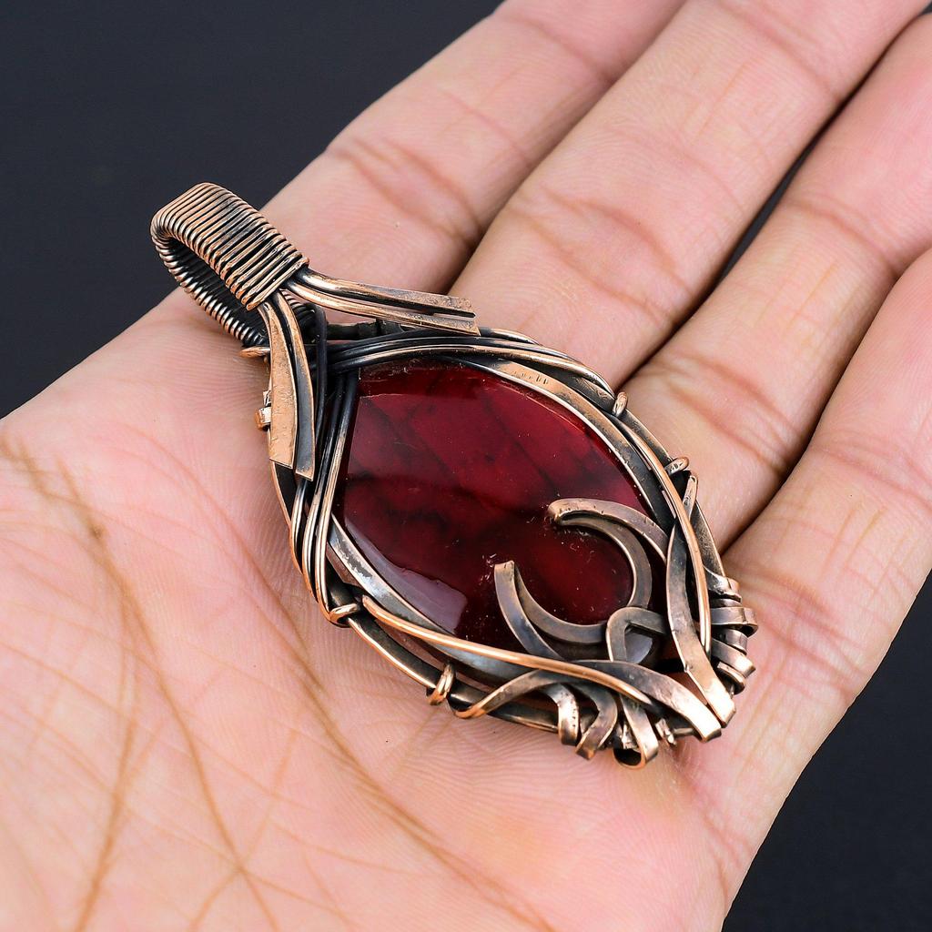 Red Flash Labradorite Pendant, 999 Copper Wire Wrapped Jewelry, Gemstone Jewelry Pendant, Handmade Wedding Gift Jewelry