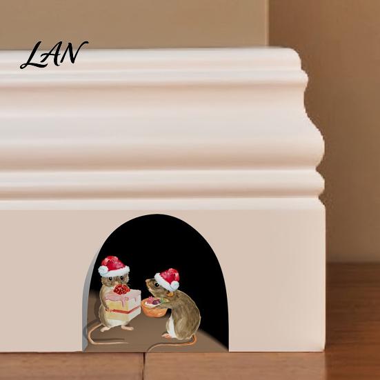 Holiday Theme Wall Decor Christmas Cute Mouse Break?Through Decals, 3D Hole Self?Adhesive Nursery Room Art Stickers, DIY for Living Entryway Kids