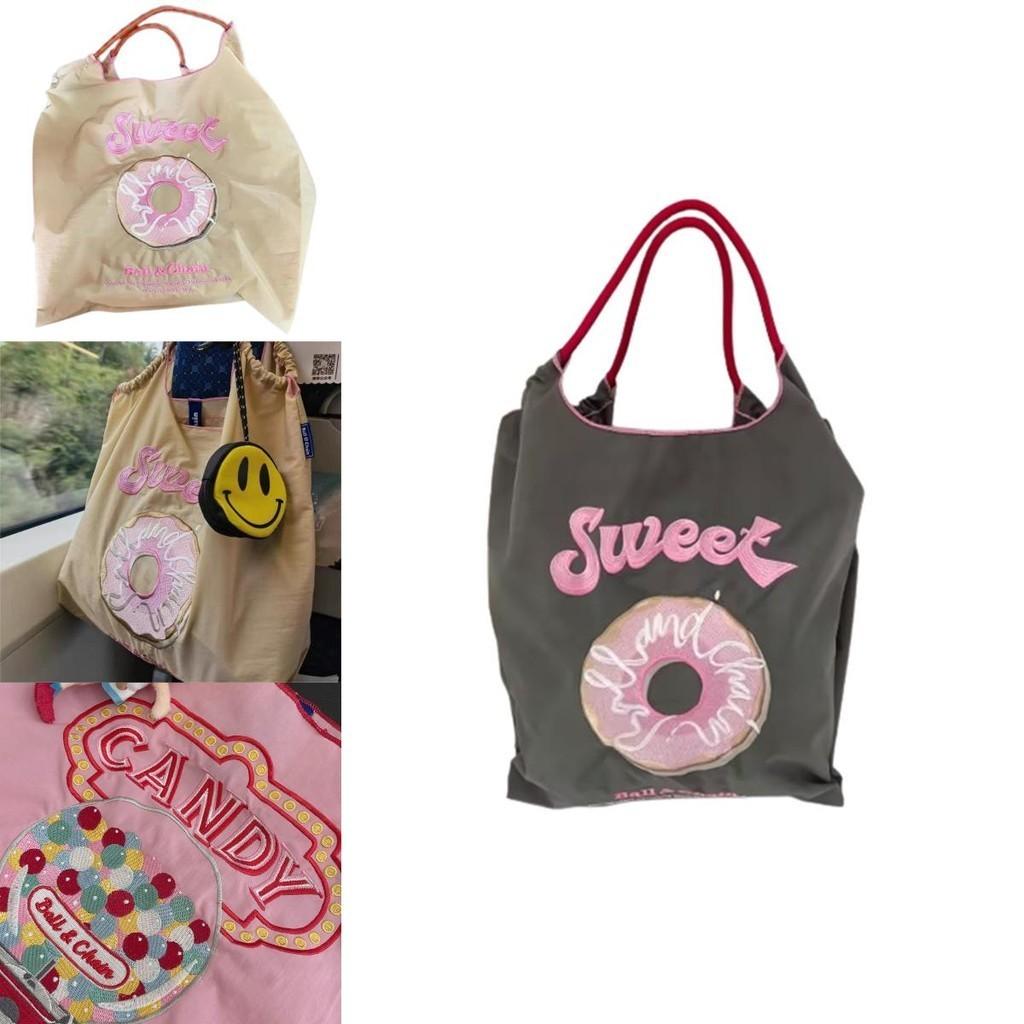 Borsa Tote da Shopping Ricamata con Catena a Palline Giapponese in Tessuto Oxford