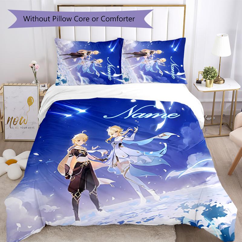 3pcs Custom Name Cartoon Genshin Impact Characters Bedding Set Duvet Cover Closure Includes 1 Duvet Cover & 2 Pillowcases for All Seasons Bedroom Deco