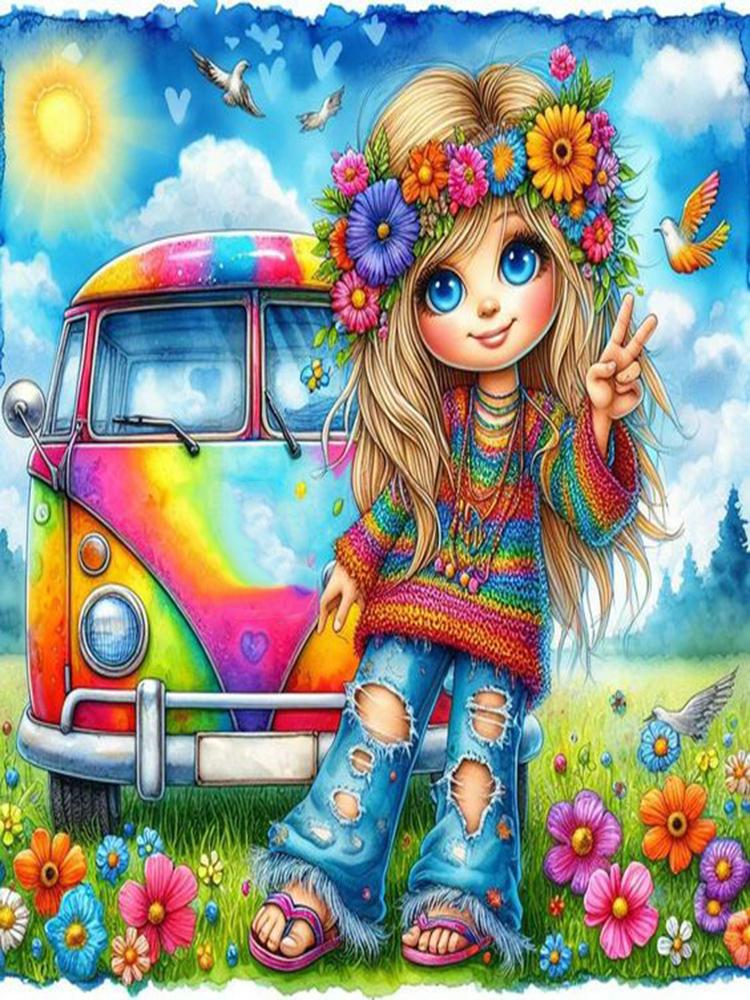 DIY Diamond Painting Kit Cute Little Girl VW Bus Car Landscape Flowers Full Square&Round Diamond Mosaic Embroidery Cross Stitch