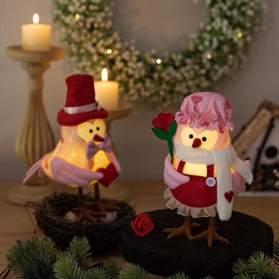 Valentine's Day Bird Figurines Lighted Couple Birds Statue Tabletop Standing Fabric Birds Ornament for Tiered Tray Table Shelf Mantel Fireplace Decor