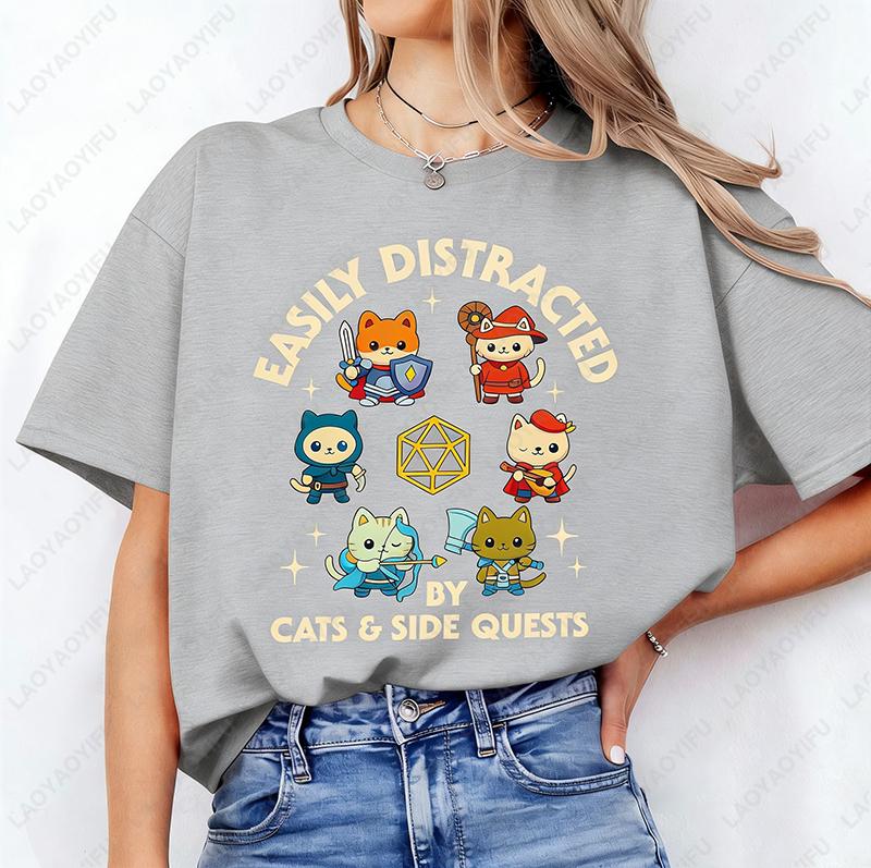 Easily Distracted By Cats And Side Quests Cotton Shirt D20 Side Quest Master Tshirt Dungeon Cat Lovely Printed Man Women Tee