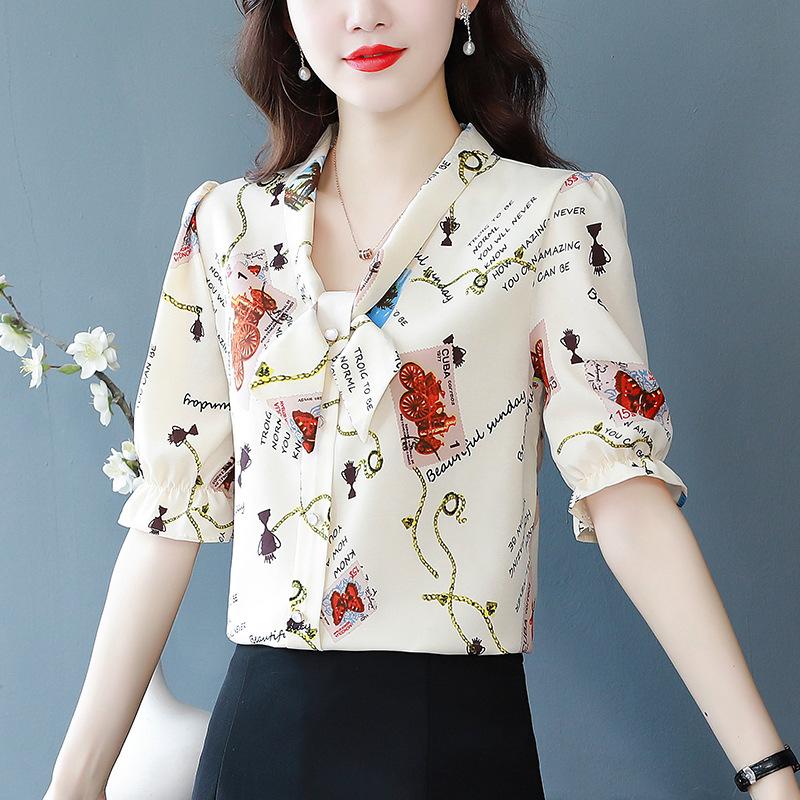 Sommermode Vielseitiges V-Ausschnitt Bedrucktes Lockeres Oberteil Feminines Temperament Rüschen Kurzärmeliges Chiffonhemd Blusen & Hemden